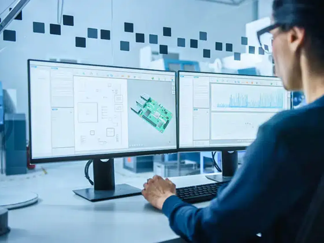 Engineer designing a circuit board on a dual-monitor workstation
