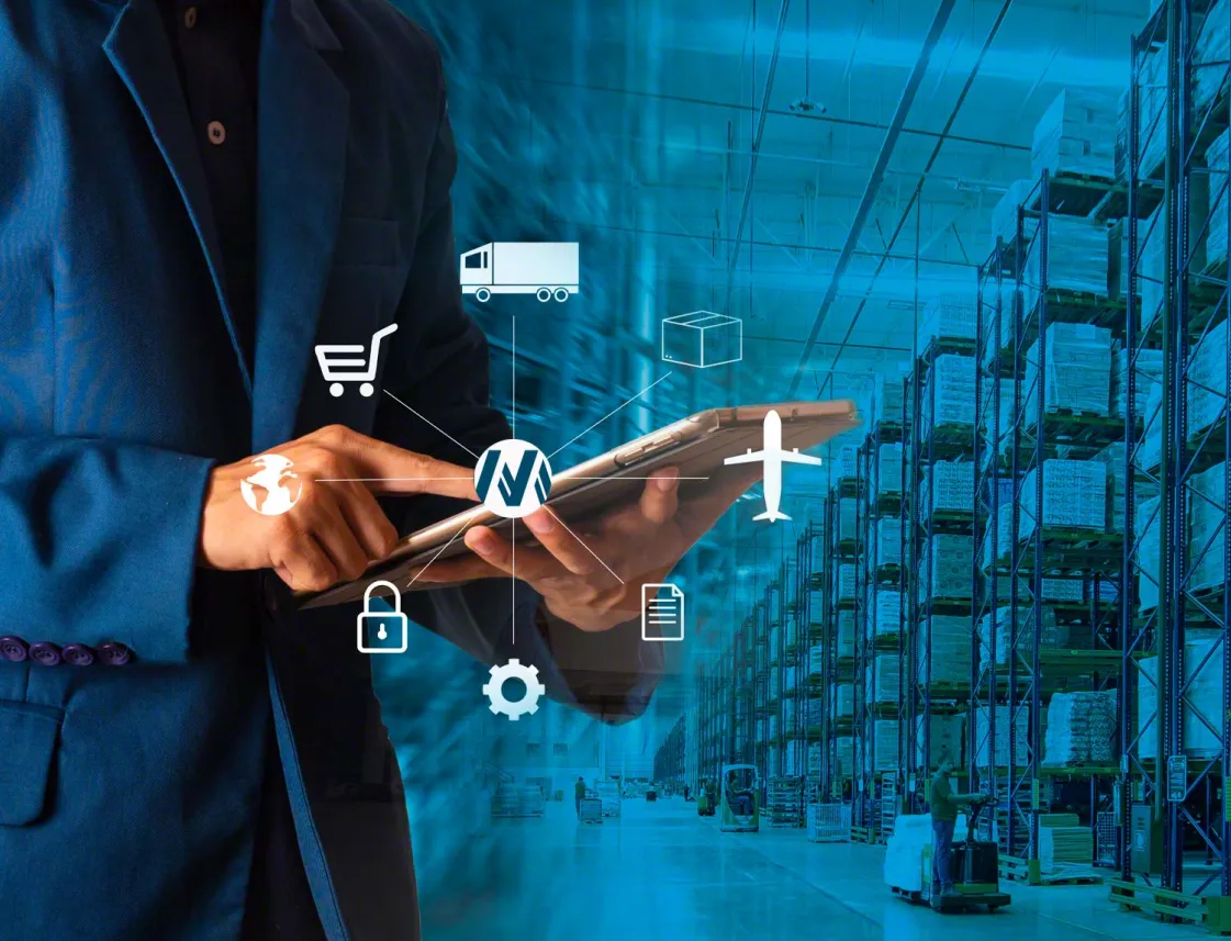 Logistics manager with a tablet in a warehouse