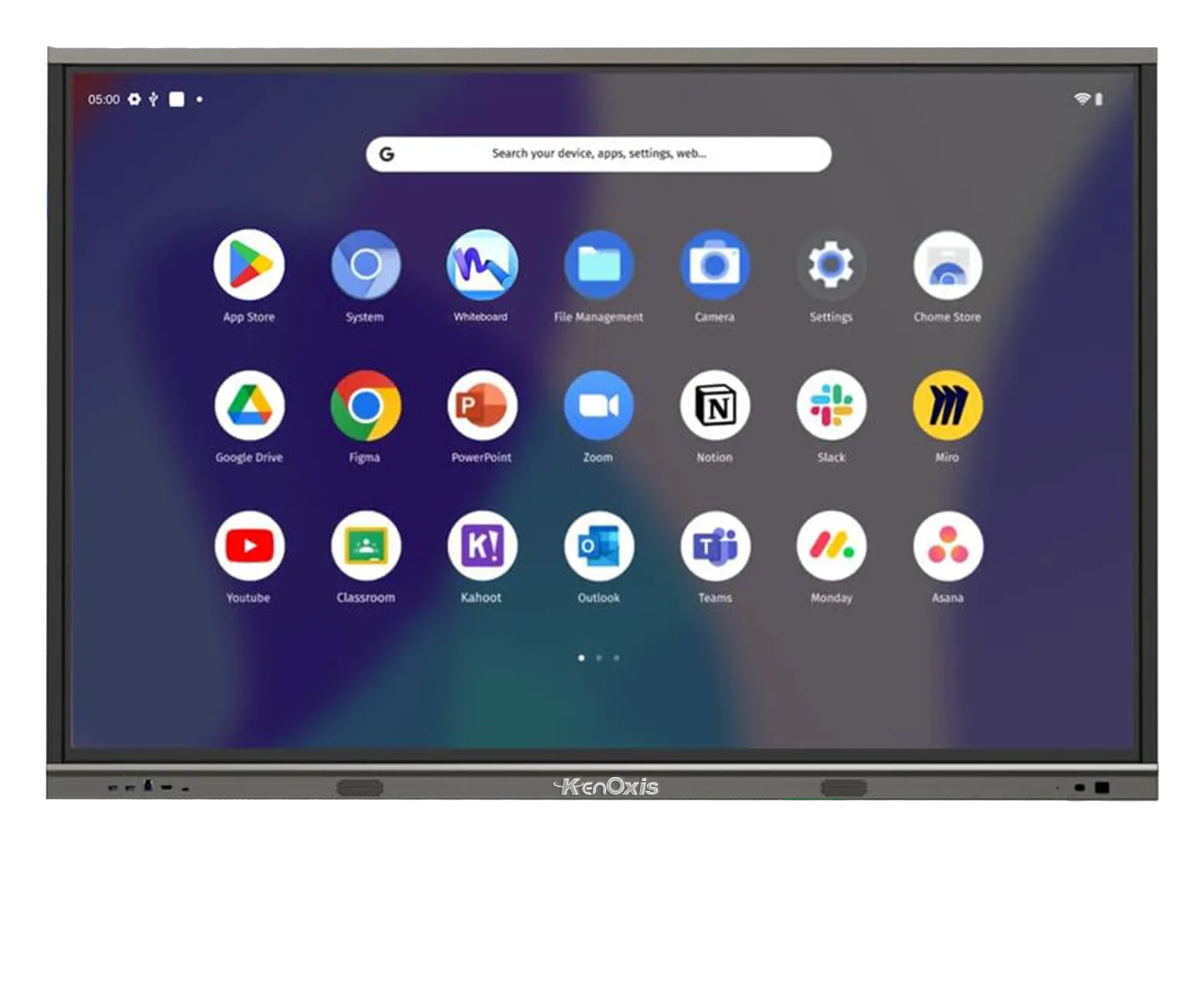 Kenoxis 86-inch interactive display board showing the Android home screen