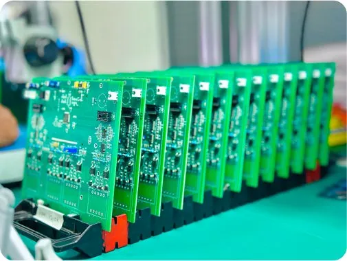 Row of assembled circuit boards on a production line