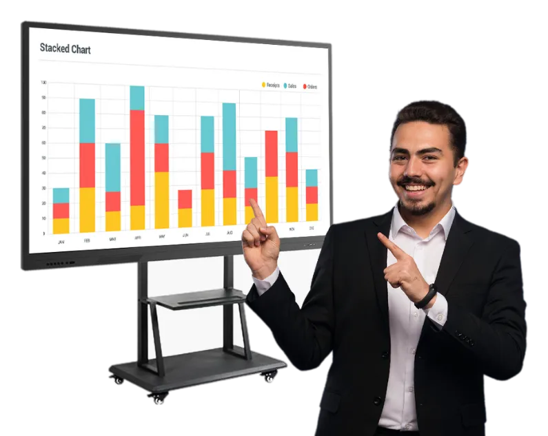 Presenter showing charts on an interactive panel on a stand