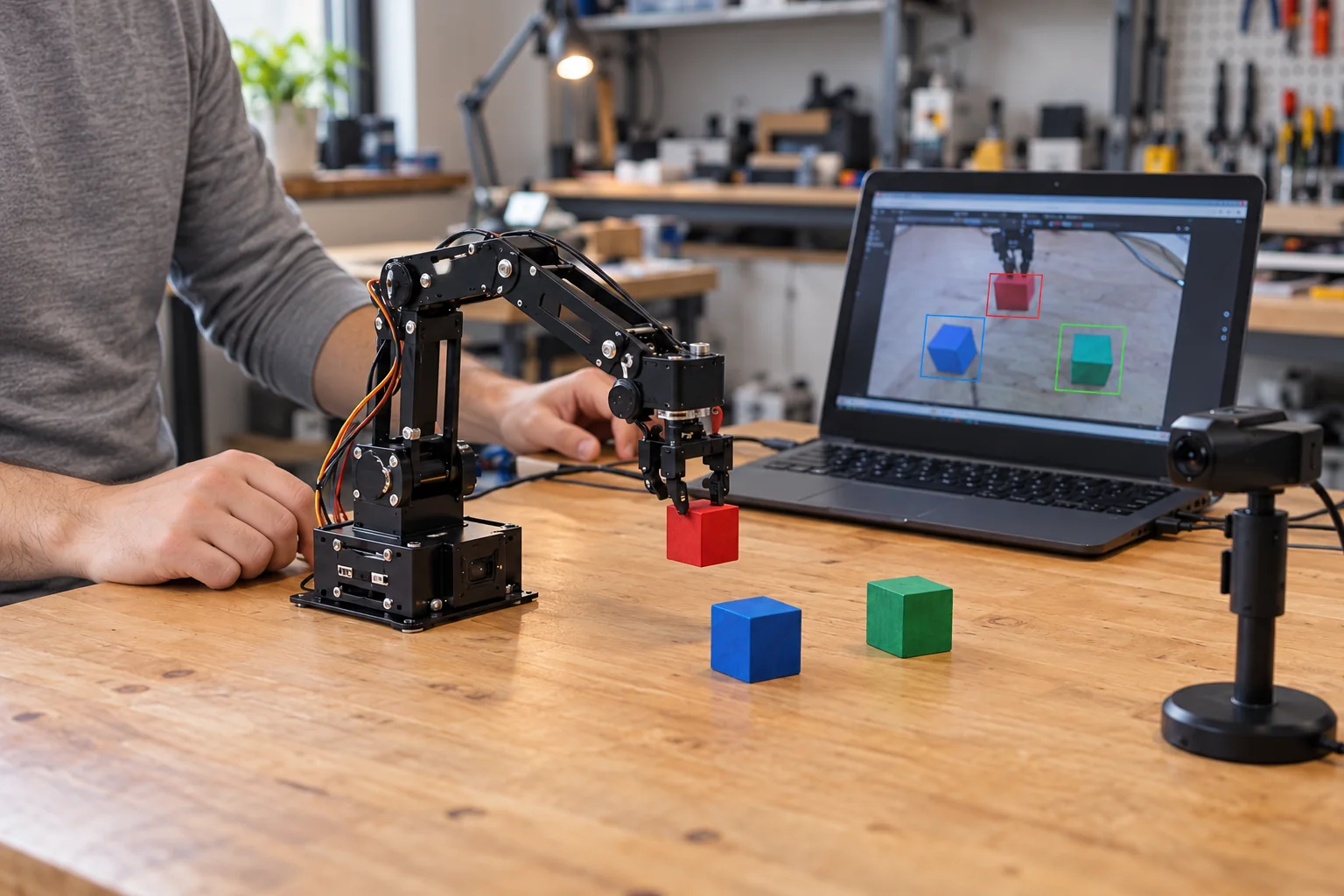Engineer testing a small robotic arm and a camera vision application on a laptop