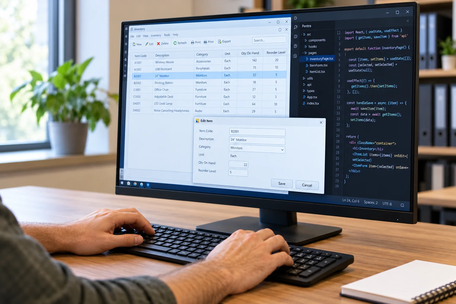 Software developer working with application windows and code on a desktop computer