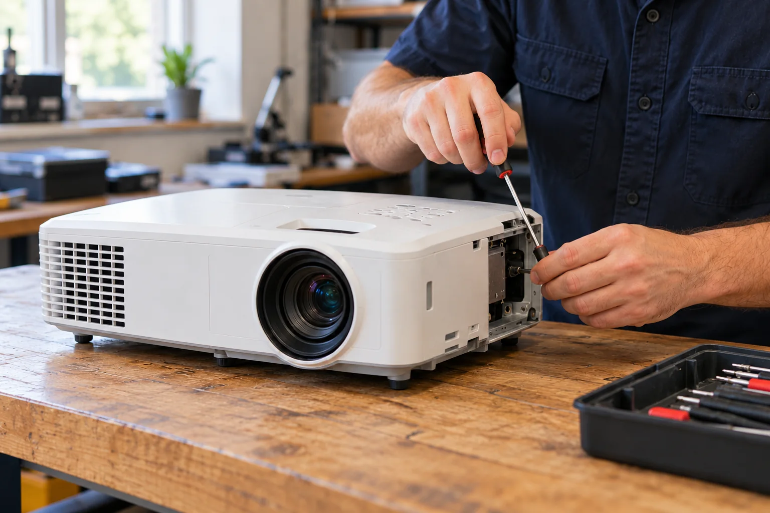 Technician servicing a multimedia projector on a workbench