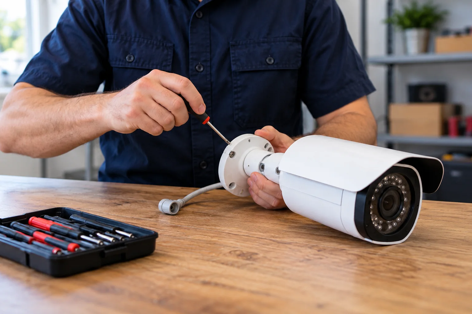 Technician repairing a white CCTV security camera on a workbench
