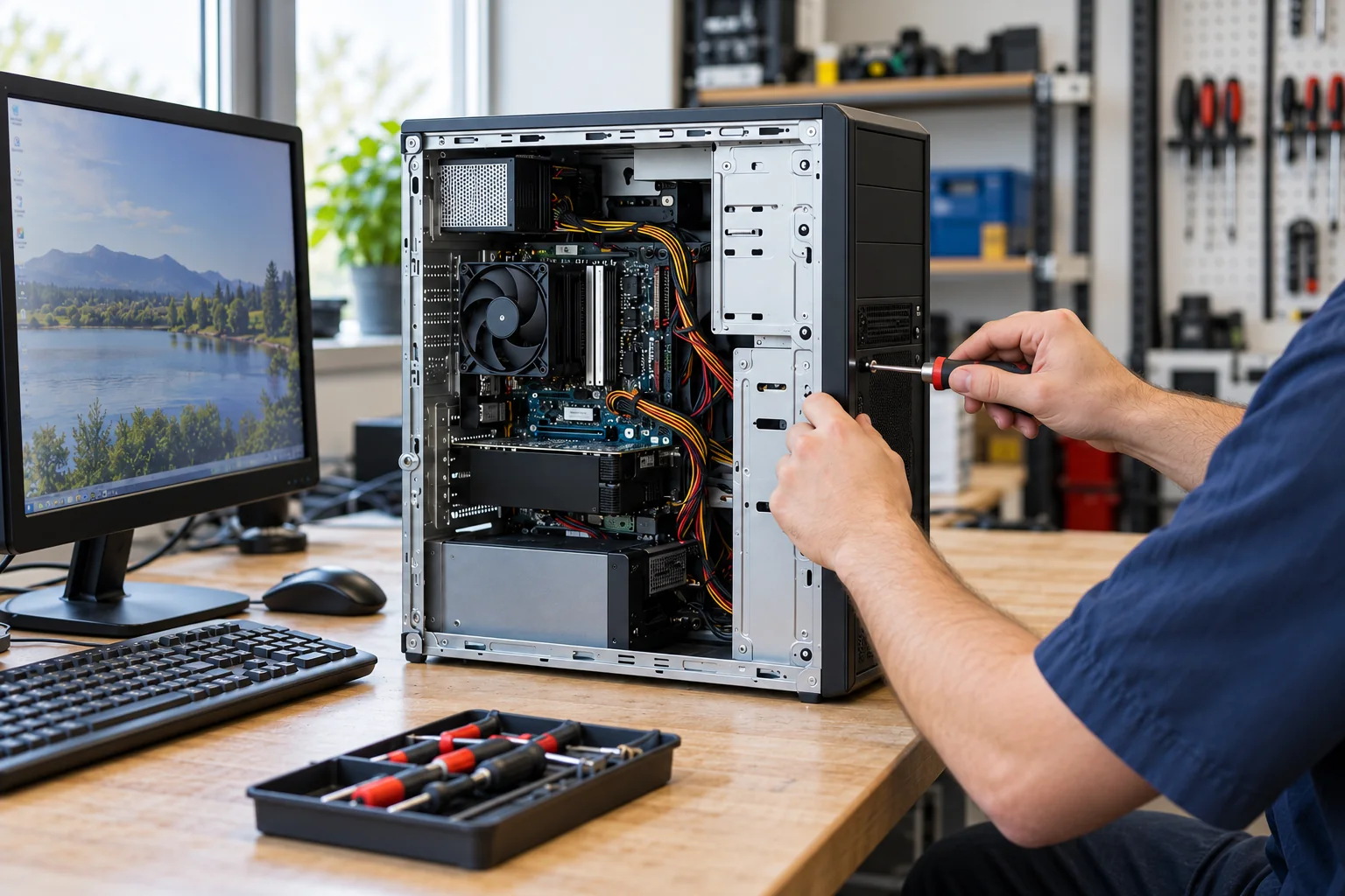 Technician repairing a desktop computer tower beside a monitor