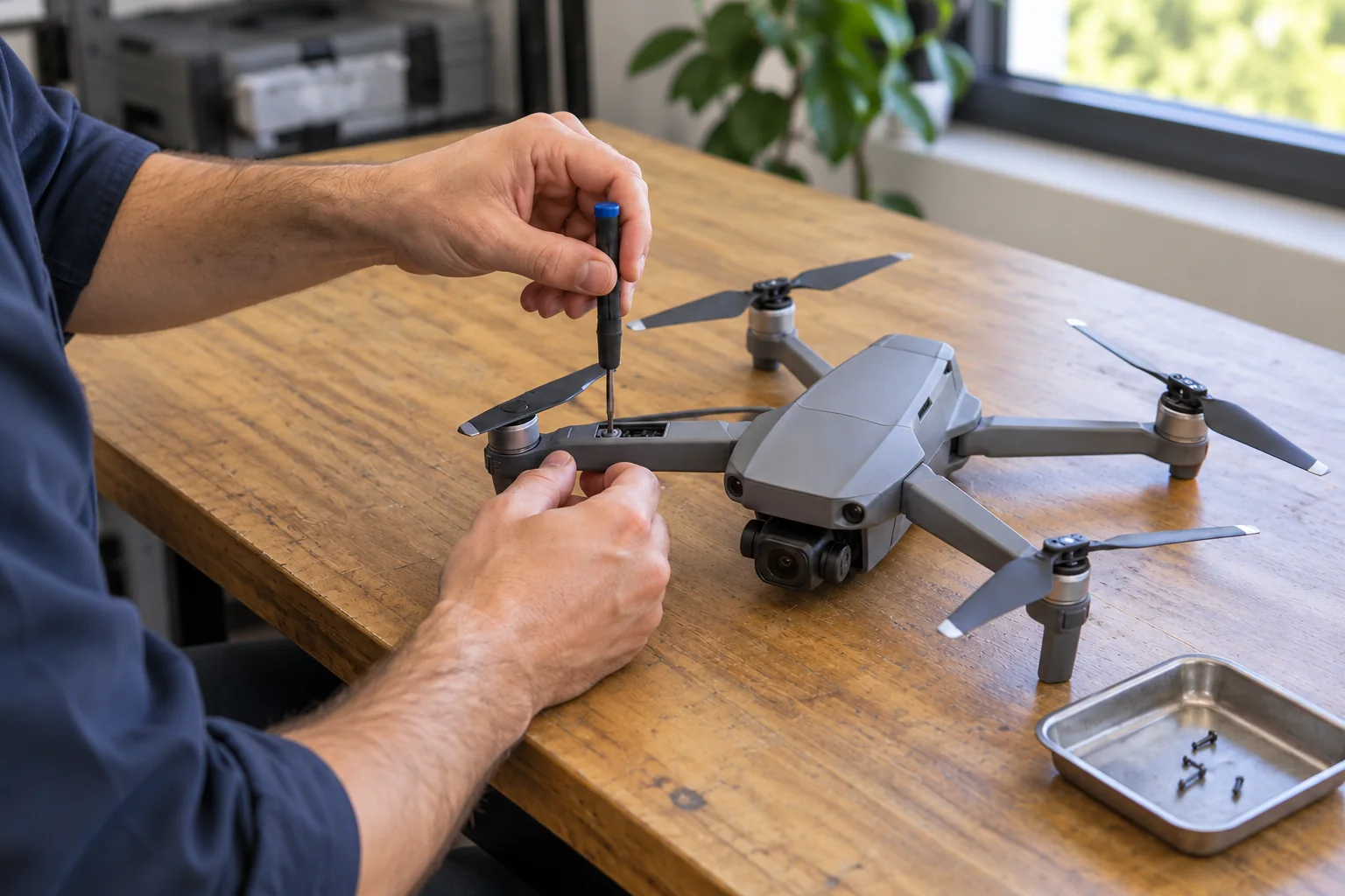 Technician repairing a quadcopter drone at a workbench