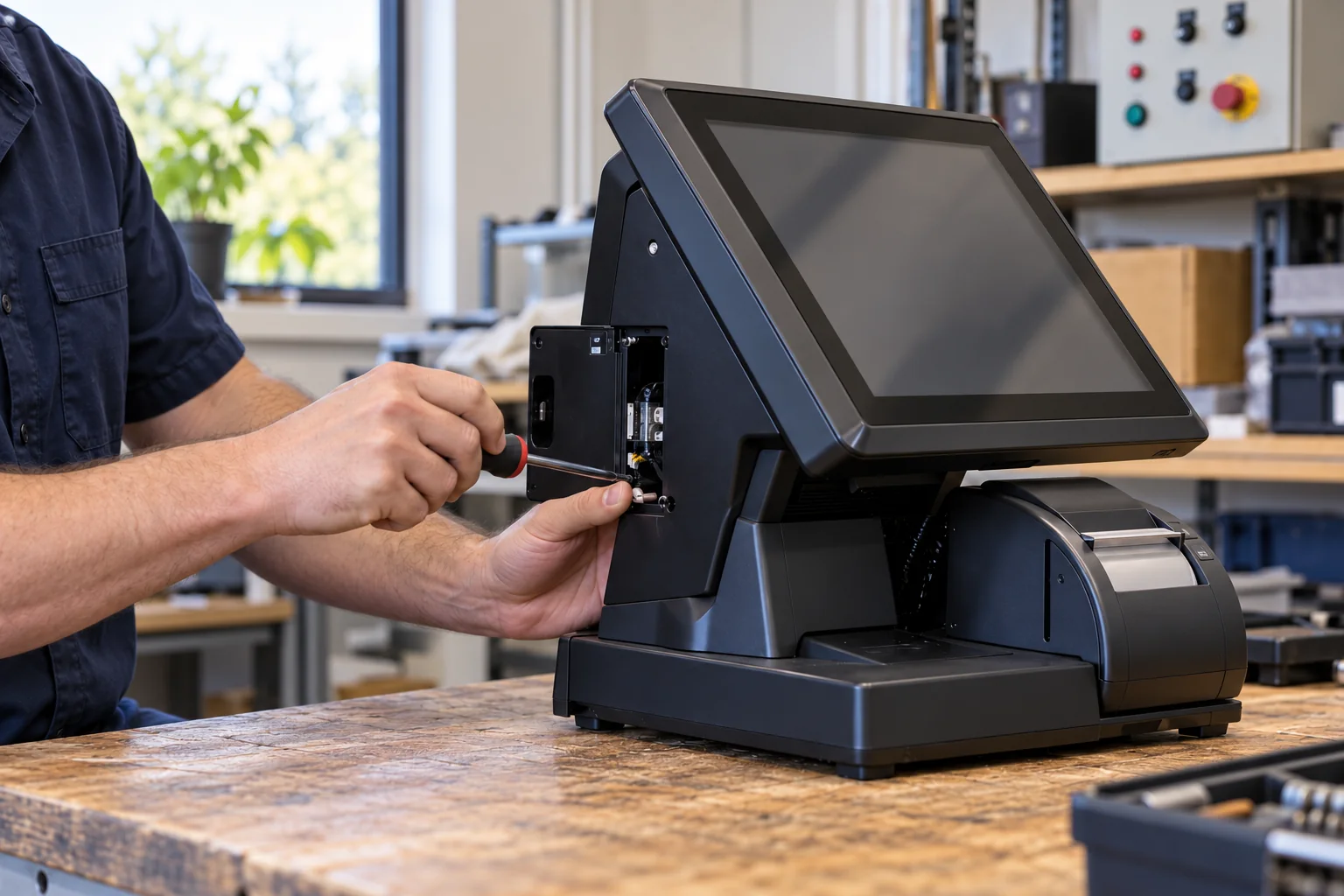 Technician servicing a retail POS terminal at an electronics workbench