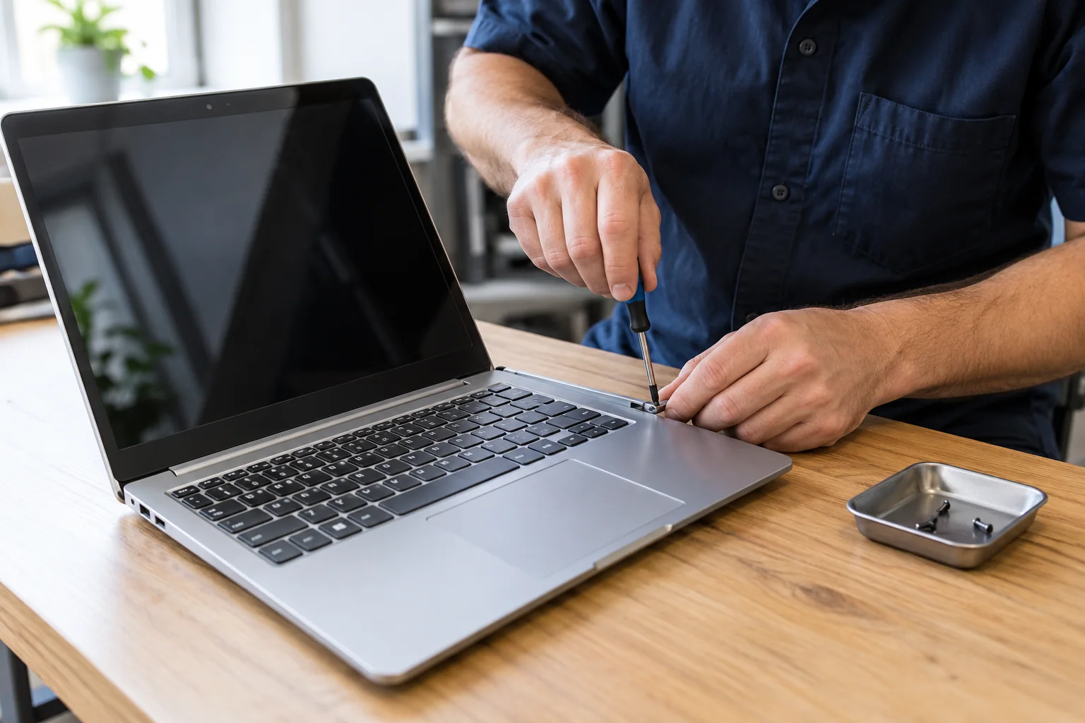 Technician using a precision screwdriver to repair an open laptop on a workbench