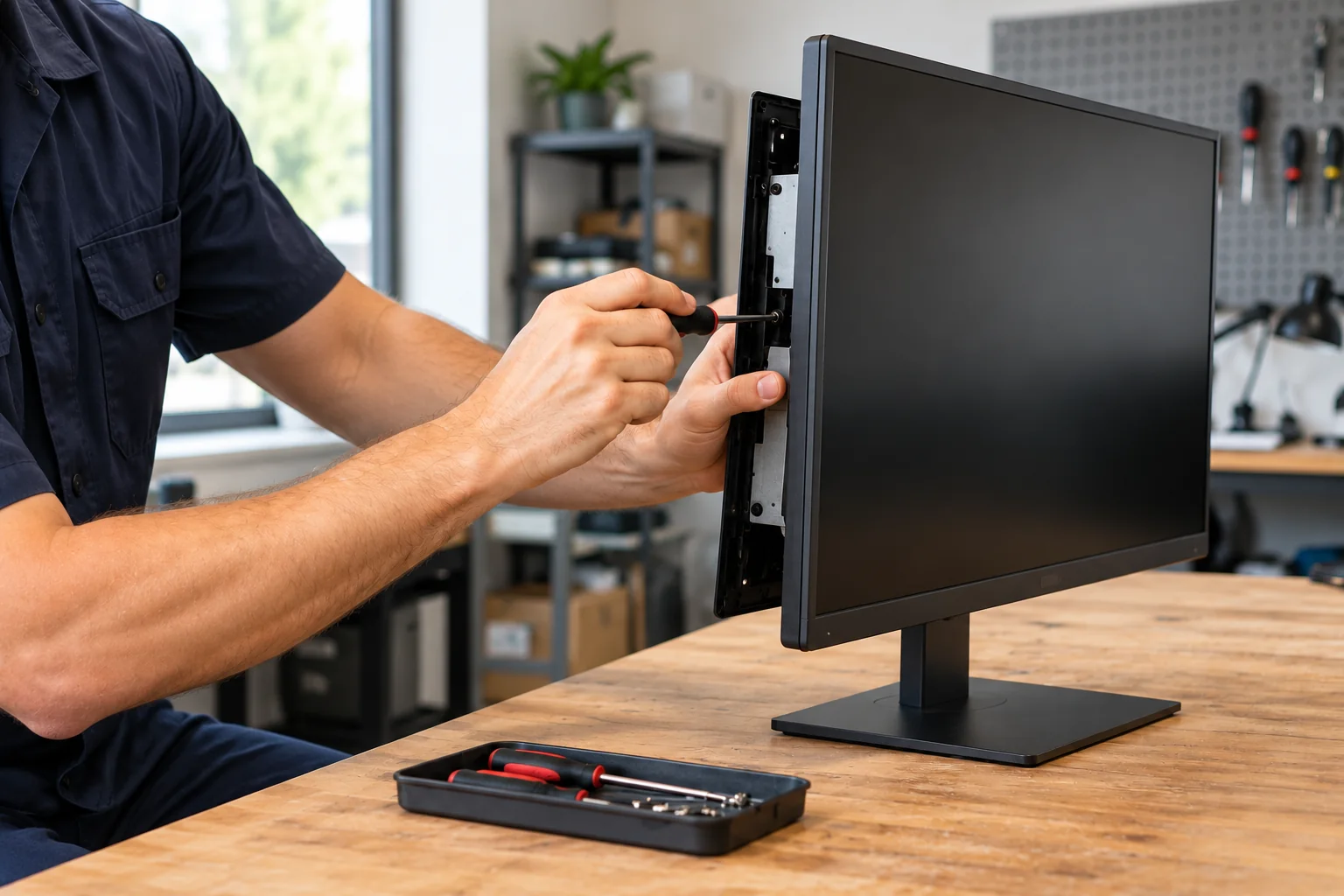 Technician inspecting and repairing a desktop monitor on a workbench