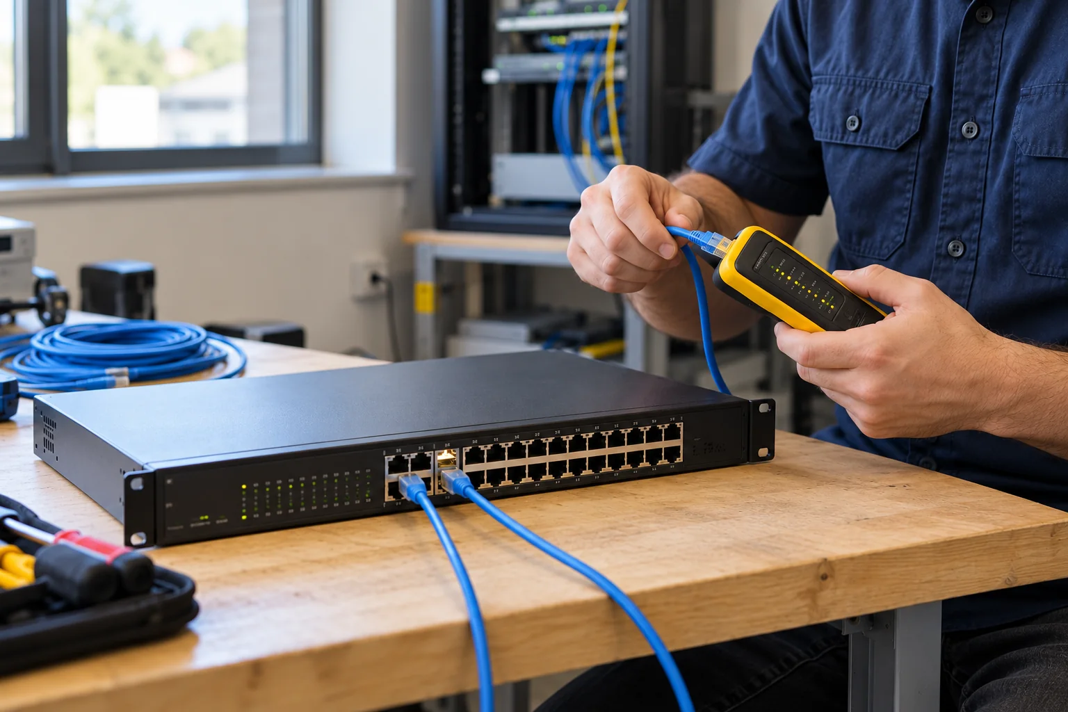 Technician testing a network switch with Ethernet cables and a cable tester