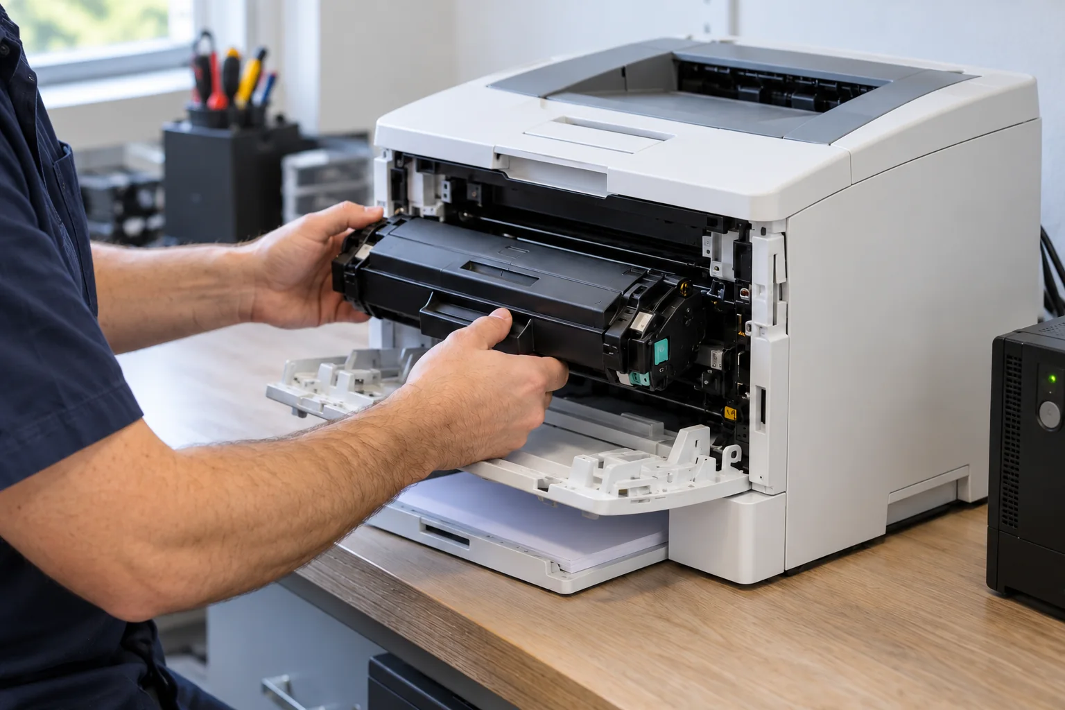 Technician servicing an office laser printer with its front cover open