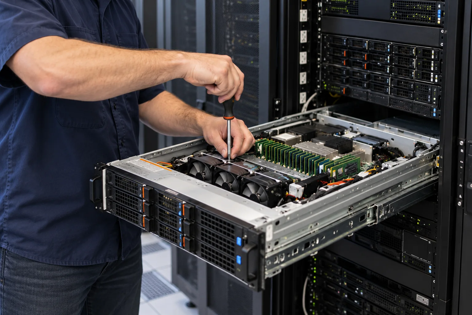 Technician servicing a rack server pulled out from a server cabinet