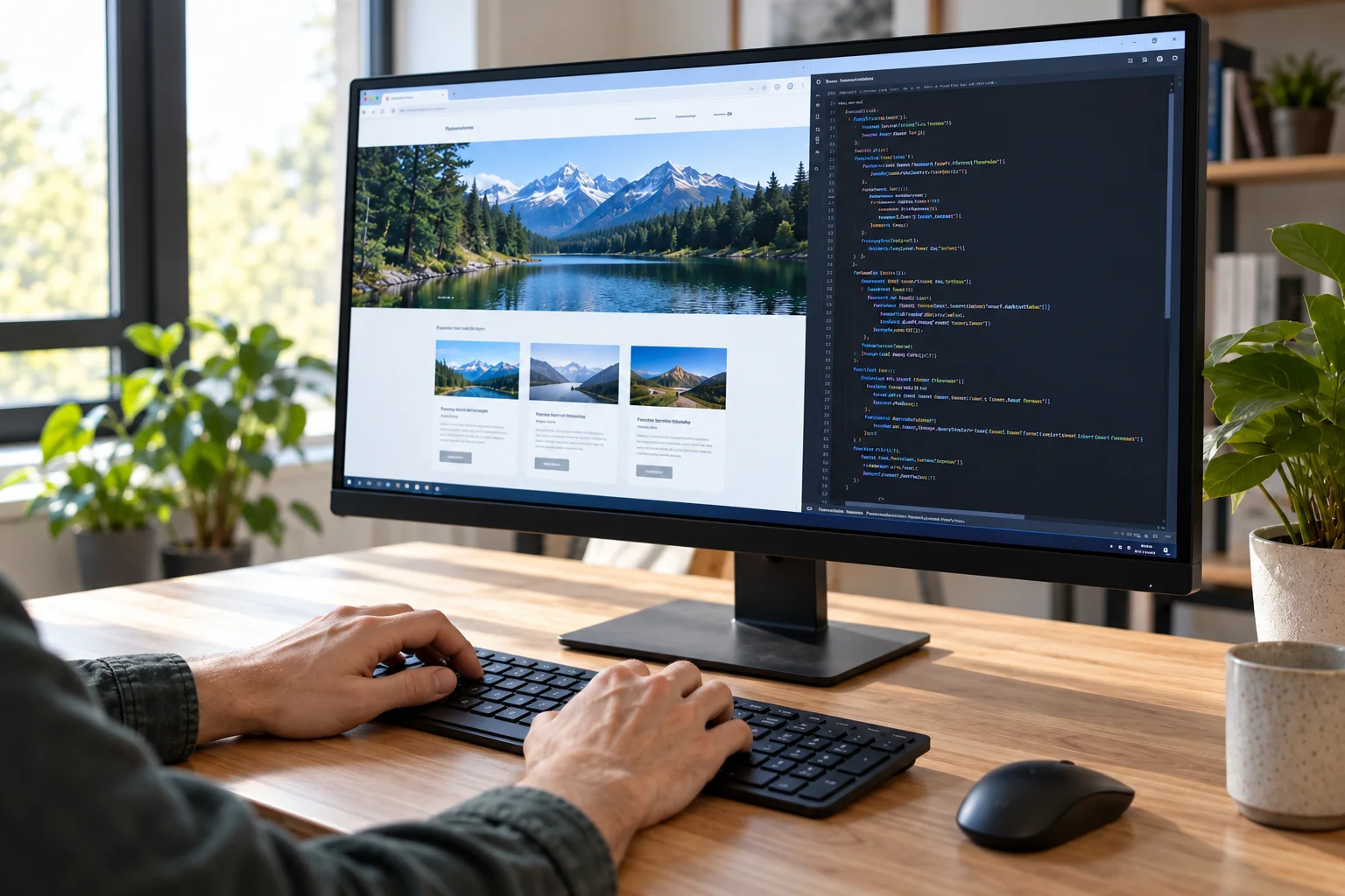 Web developer working on a website at a desktop computer